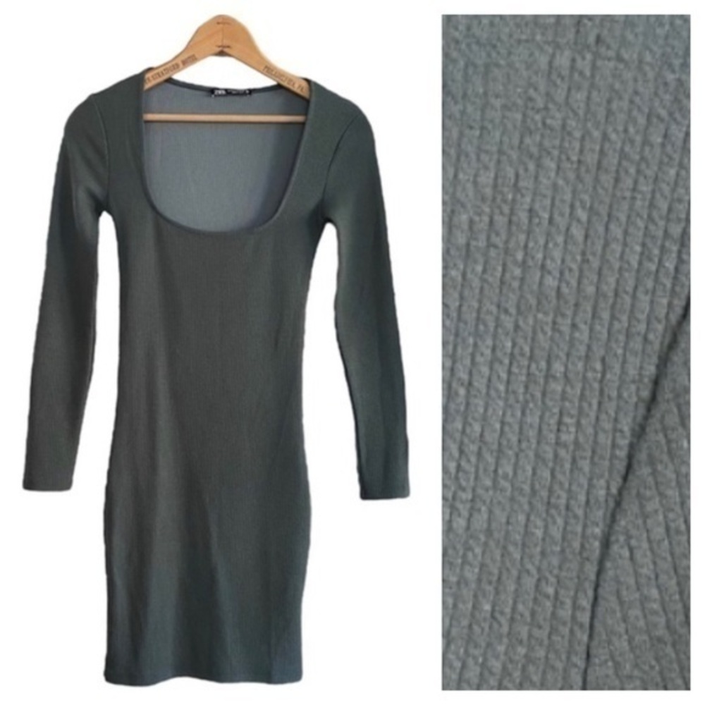Zara Green Ribbed Long Sleeve Bodycon Mini Dress